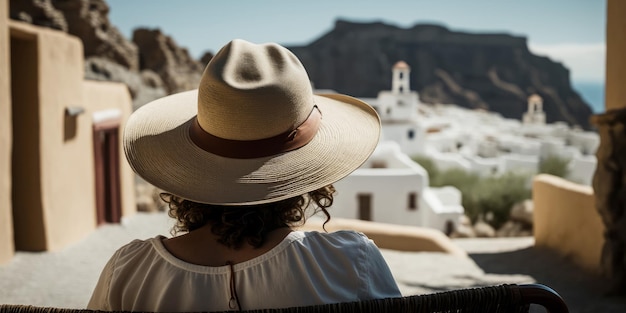 Rear view of woman wearing a large sunhat relaxing with mediterranean view Generative ai