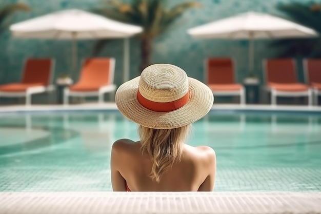 Rear view of woman wearing lounging in swimming pool Generative Ai