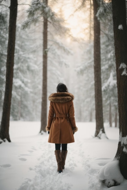 Rear view of a woman wearing warm clothes walking through a winter white forest