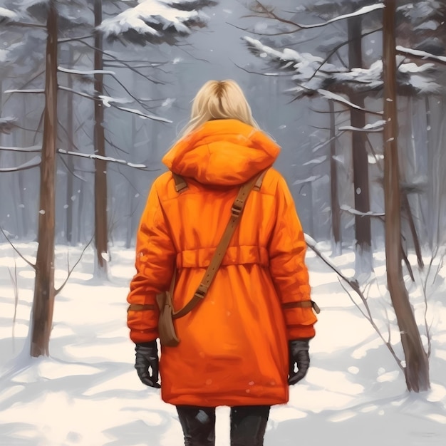 Rear View of Woman with Orange Warm Jacket Standing