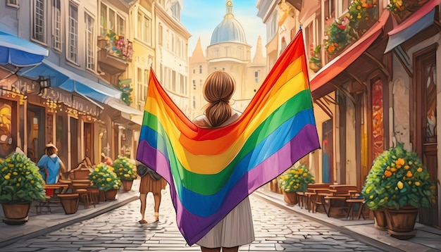 Rear view of woman with a rainbow flag LGBT concept protest City