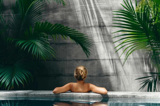 Photo rear view of a young blonde woman in a pool surrounded by a gray concrete wall and green tropical pa