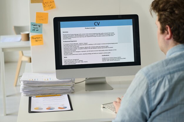 Rear view of young businessman sitting at his workplace and using computer to post his resume online