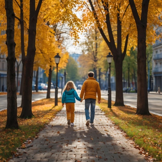 Rear view on Young family walking on avenue in autumn colors