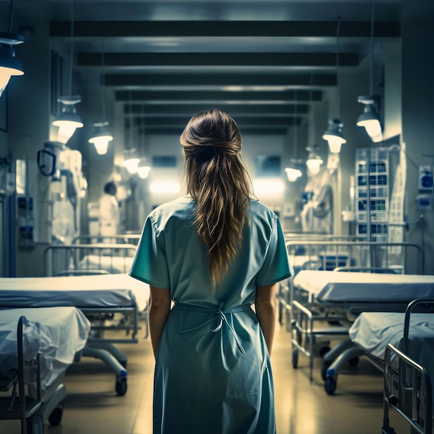 Rear view of a young female doctor standing in a hospital ward