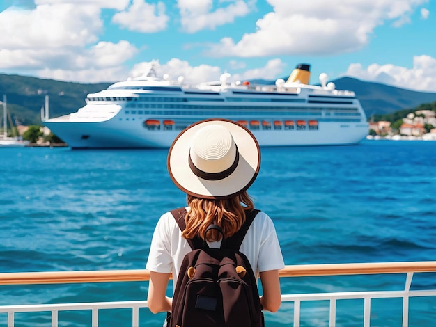 Photo rear view a young female tourist with a hat and backpack looking at a cruise ship