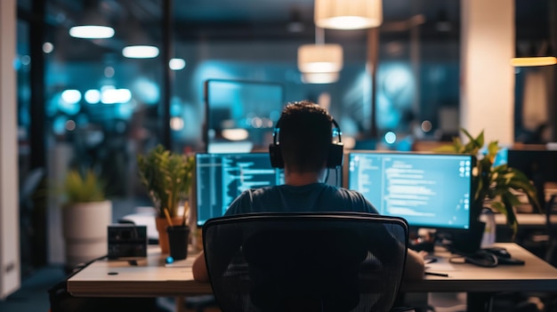 Rear view of young man in headphones working on computer at night in office