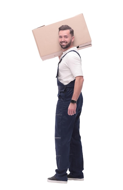 Rear view a young man with a cardboard box looking at the camera