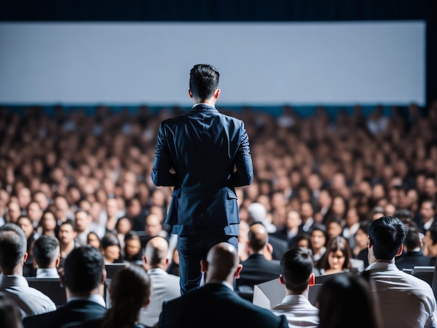 rear view of young successful businessman at business conference room with public giving presentatio