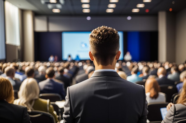 rear view of young successful businessman at a business conference room with the public