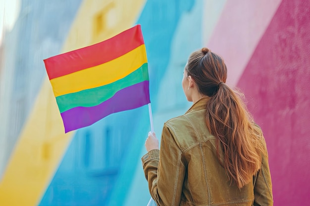 Photo rear view of young woman waving rainbow flag