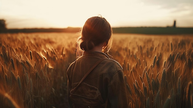 Rear view of a young woman in a wheat field at sunsetgenerative ai