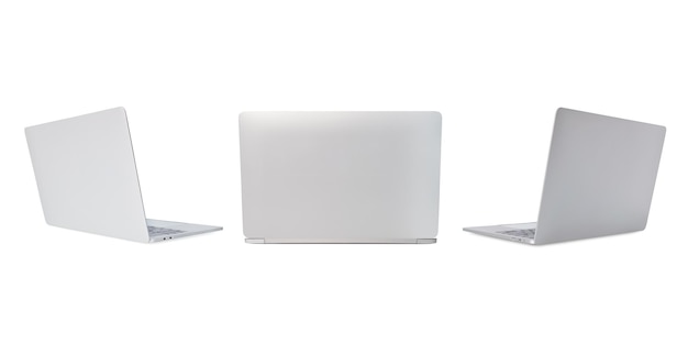 Rear viewsilver Laptop in angled position mockup isolated on white background mockup template