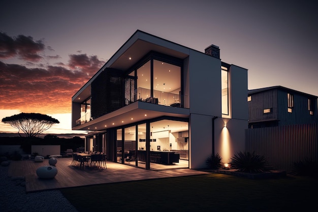 Rear yard of contemporary home during lovely dusk