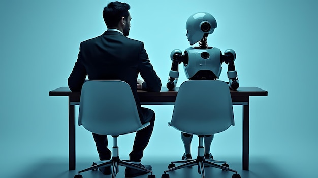 Rearview of the businessman in an elegant suit sitting in a chair next to the white robot cyborg in a studio AI or artificial intelligence vs people employment conceptworking on a laptop