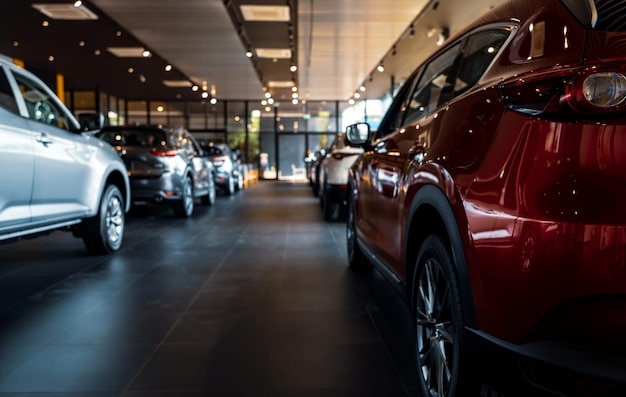 Rearview car parked in luxury showroom Car dealership office New car parked in modern showroom