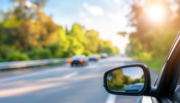 Rearview Mirror Reflecting a Sunny Day on the Road