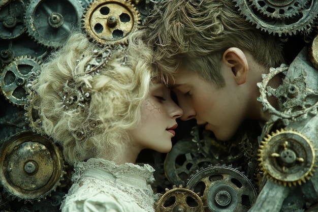 Photo reasoning intimacy steampunk themed couple with mechanical elements symbolizing the blending of hum