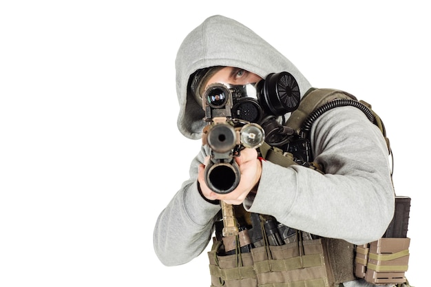 Rebel with gas mask and rifles against a white background