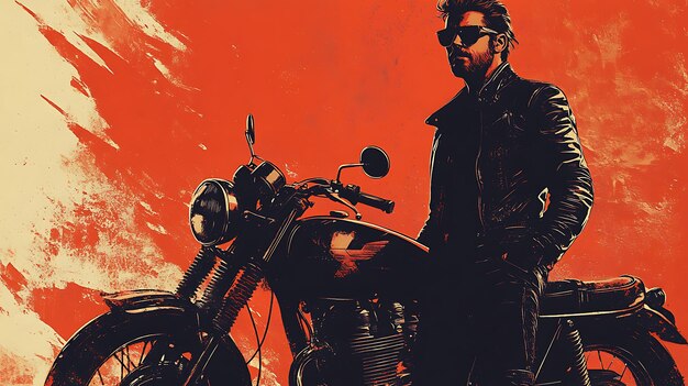 Photo rebellious man with motorcycle against bold orange background