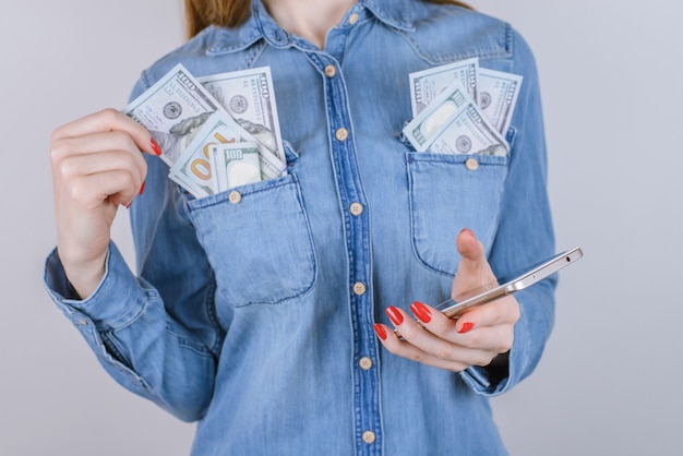 Receive people person wealth expensive prize bonus gesture sign  idea bill gambling bitcoin exchange customer shop store people person concept. Cropped photo of lady making money isolated background