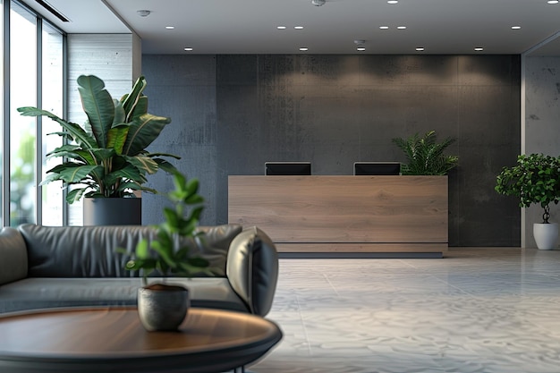 Photo reception area with comfortable couch and functional table