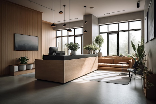 A reception area with a large wooden desk and a large window with a plant on it.