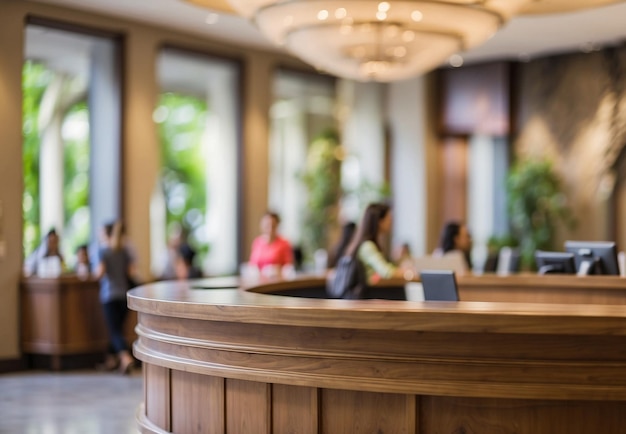 reception desk with blurry tourist background