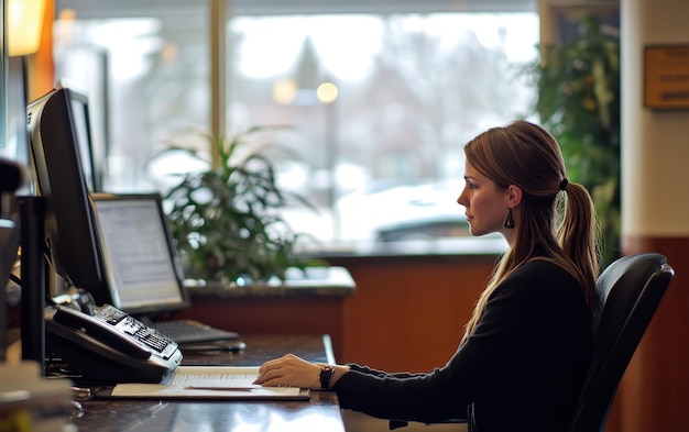 Photo receptionist answering calls at a front desk