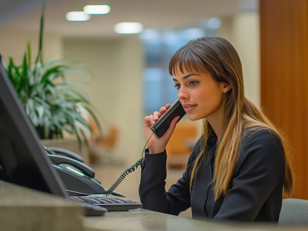 Photo receptionist answering phone calls at a companys front desk