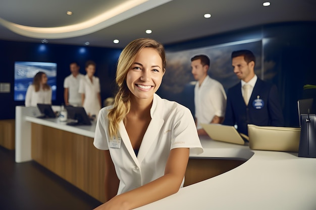 receptionist in desk wearing white outfit