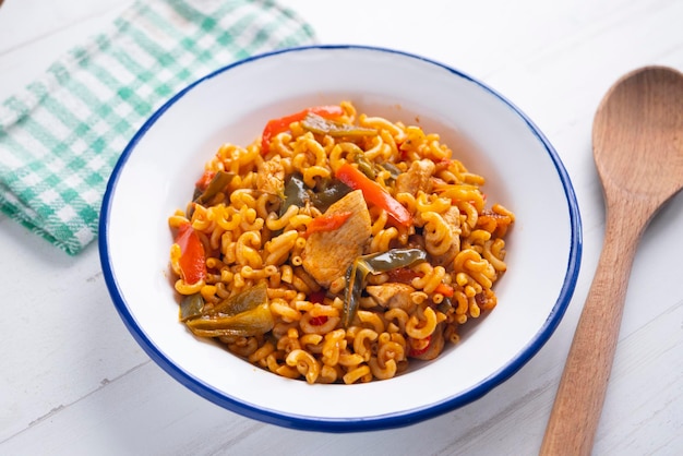 Recipe Fideua with chicken Casserole noodles with meat. Traditional Spanish tapa.