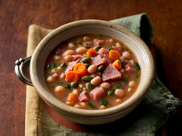 Photo the the recipe for a hearty ham and bean soup emphasizes the spices and vegetables used