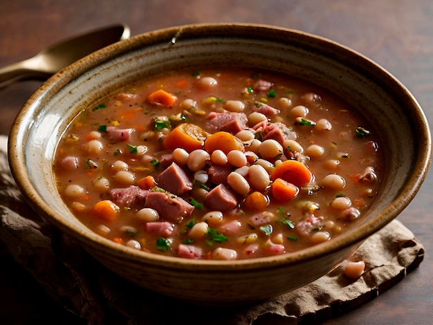 Photo the the recipe for a hearty ham and bean soup emphasizes the spices and vegetables used