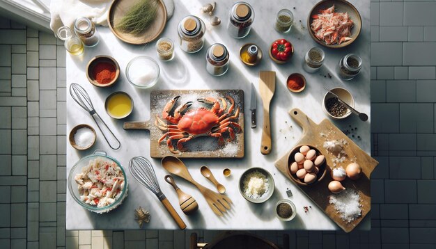 Recipe Preparation with Crabmeat on Marble Counter