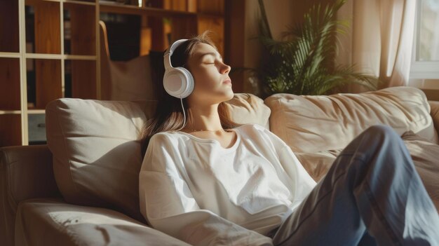 Photo reclined on a sofa with eyes shut a young woman finds solace in music from her headphones in the warm inviting ambiance of her home