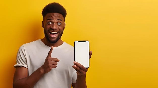 Recommendation Portrait of excited black guy holding big smartphone with white blank Generative AI