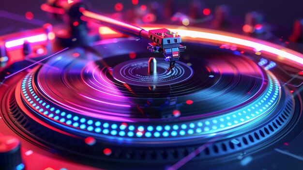 A record player spinning a vinyl record The record is lit up by a pink and blue light