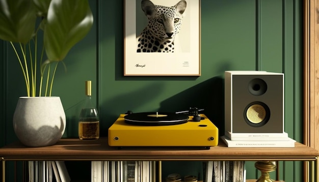 a record player with a picture of a leopard on the wall