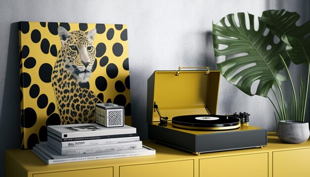 a record player with a tiger on the cover and a picture of a tiger on the table