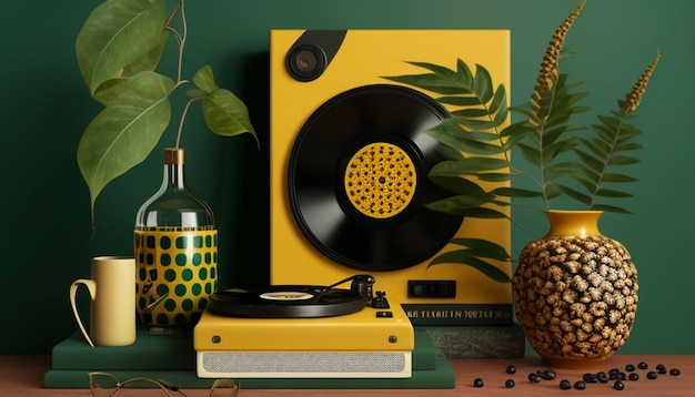 Photo a record player with a yellow record player on the table