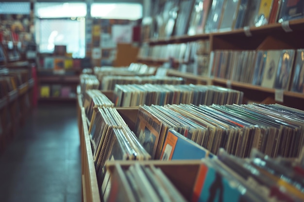 A record store with shelves filled with vinyl records of various genres