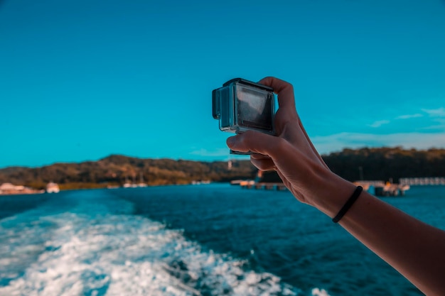 Recording with an action camera the exit of La Ceiba in the Caribbean Sea Honduras