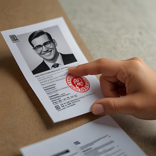 Photo recruiter smiling and pointing to hired stamp on candidates resume