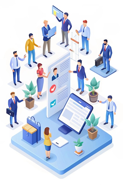 Recruitment Isometric illustration with small figures interacting with variety of items and elements related to hiring and onboarding employees in scenes like interview job posting resume writing