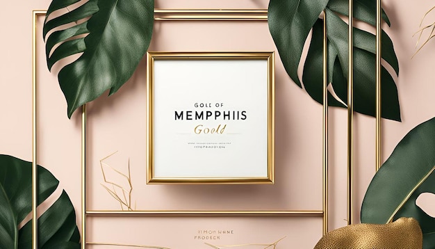 Photo rectangle gold frame on botanical memphis pattern background