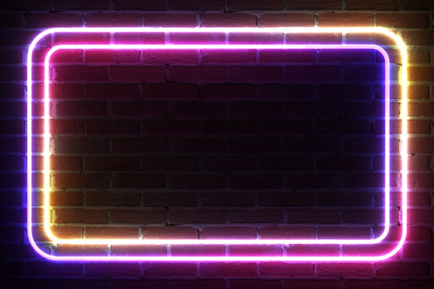 Rectangle Neon Light Frame for Template and Layout in front of brick wall. 3d Rendering