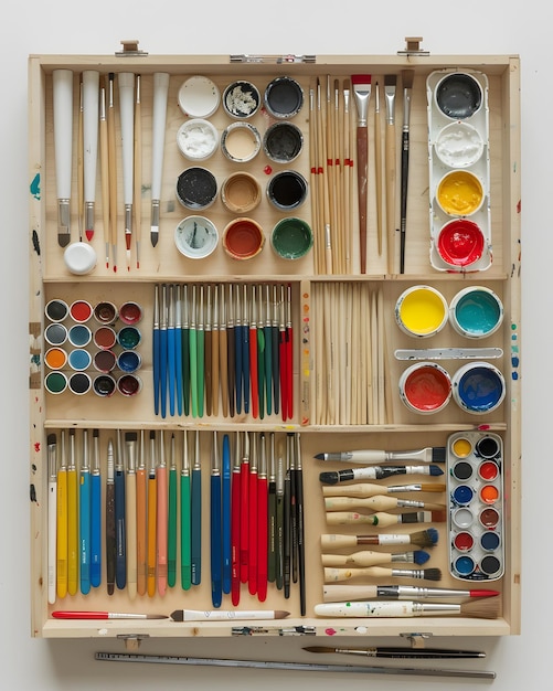 Rectangle wooden box filled with paints and brushes perfect for art shelf