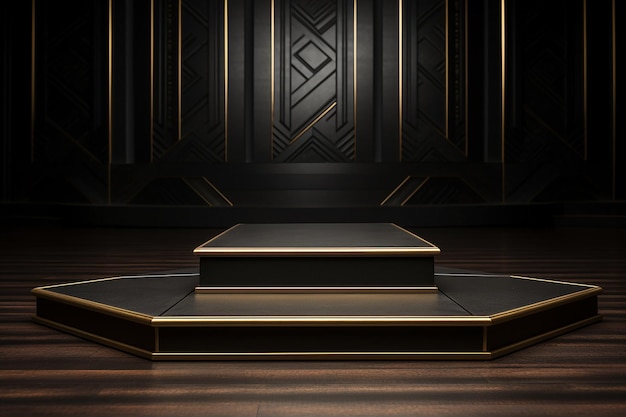 rectangular black and gold podium on a wooden floor with a black abstract background