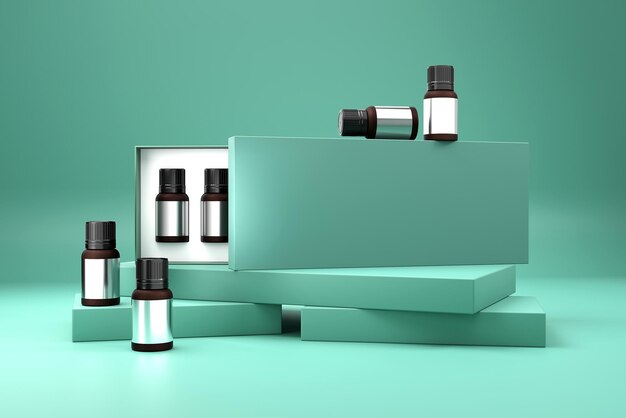 Photo a rectangular box that contains a row of oil small bottles 3d render